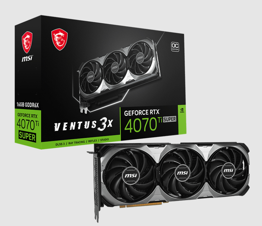  nVIDIA GeForce RTX 4070 Ti SUPER 16G VENTUS 3X OC<br>Boost Mode: 2640 MHz, 1x HDMI/ 3x DP, Max Resolution: 7680 x 4320, 1x 16-Pin Connector, Recommended: 700W  